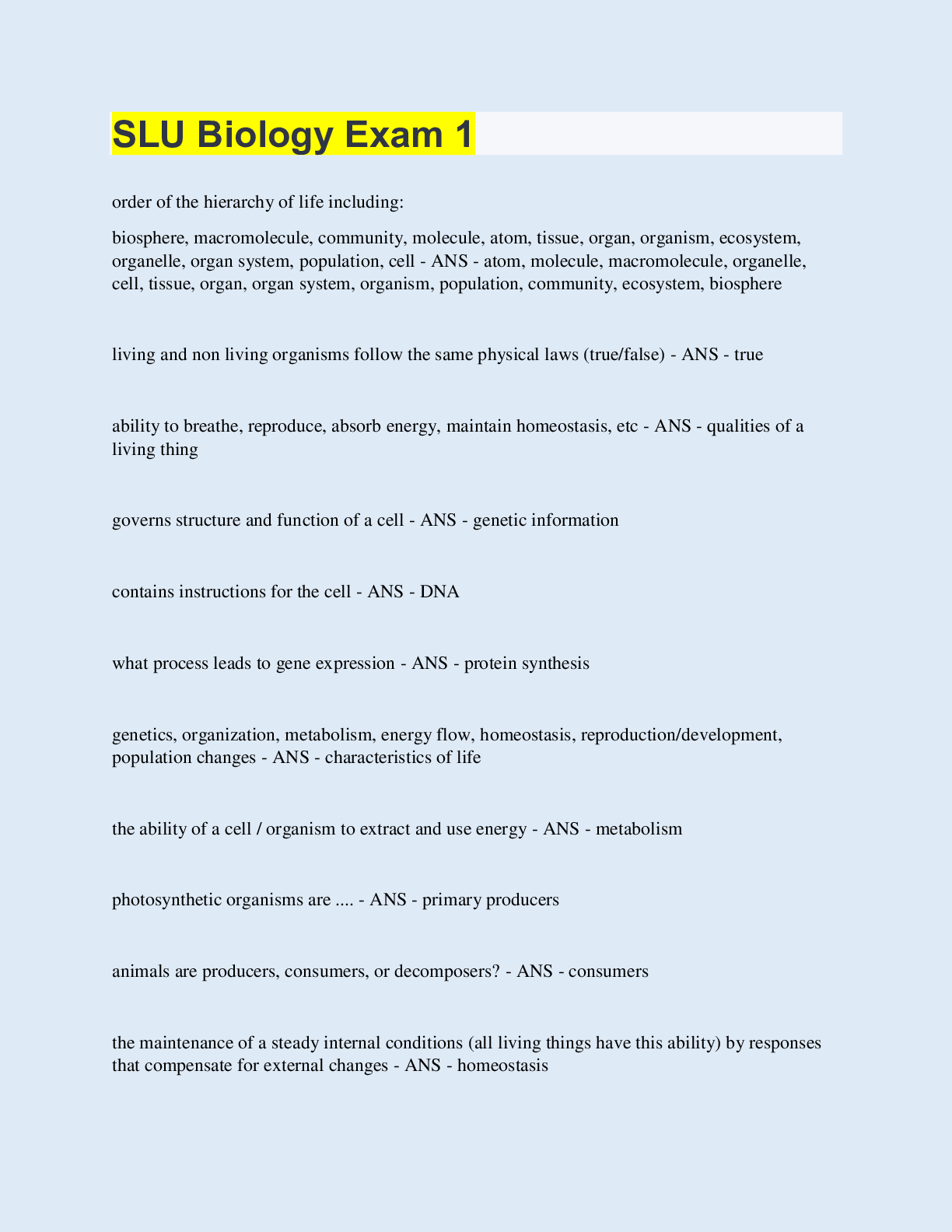 Preview image of SLU Biology Exam 1 document